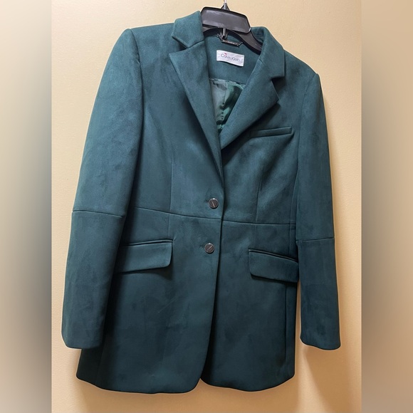 CALVIN KLEIN NOTCHED COLLAR BLAZER FAUX SUEDE GREEN WOMEN DOBLE BUTTON  SIZE S - Picture 10 of 10